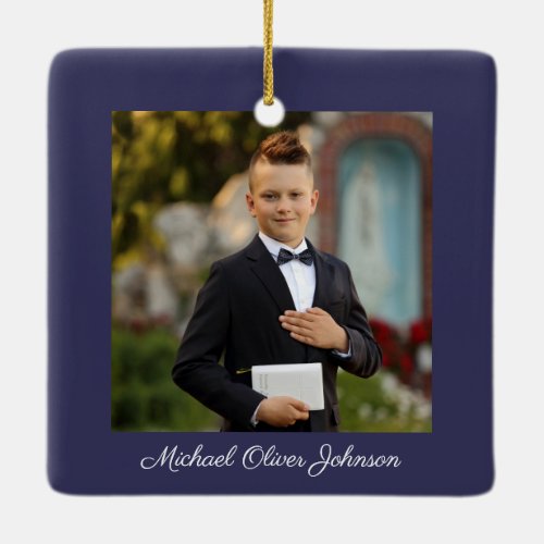 Photo Boy Religious Cross Blue First Communion Ceramic Ornament