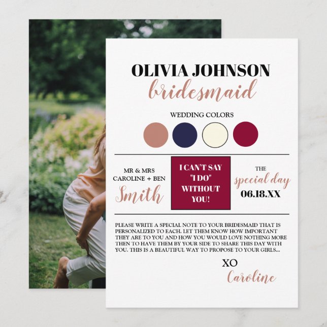 Photo Bridesmaid Proposal Info Card (Front/Back)