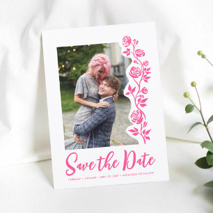 Photo Bright Pink Hand Drawn Roses Romantic Simple Save The Date