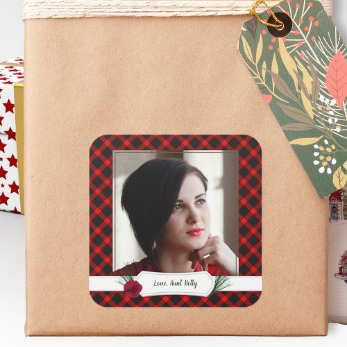Photo Bright Red Check Christmas Gift Tag Stickers