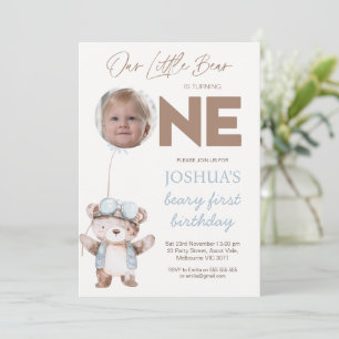 Photo Brown Beary First Birthday Bear Birthday Invitation