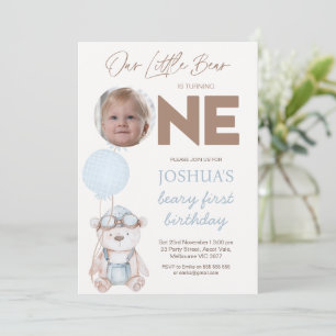 Photo Brown Blue Balloons Beary First Birthday Invitation