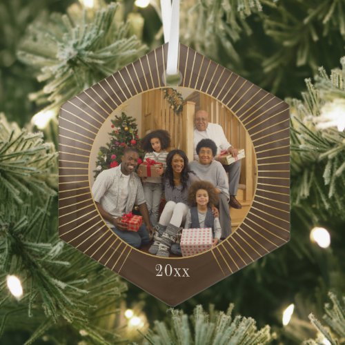 Photo Brown Gold Line Family Christmas Glass Ornament