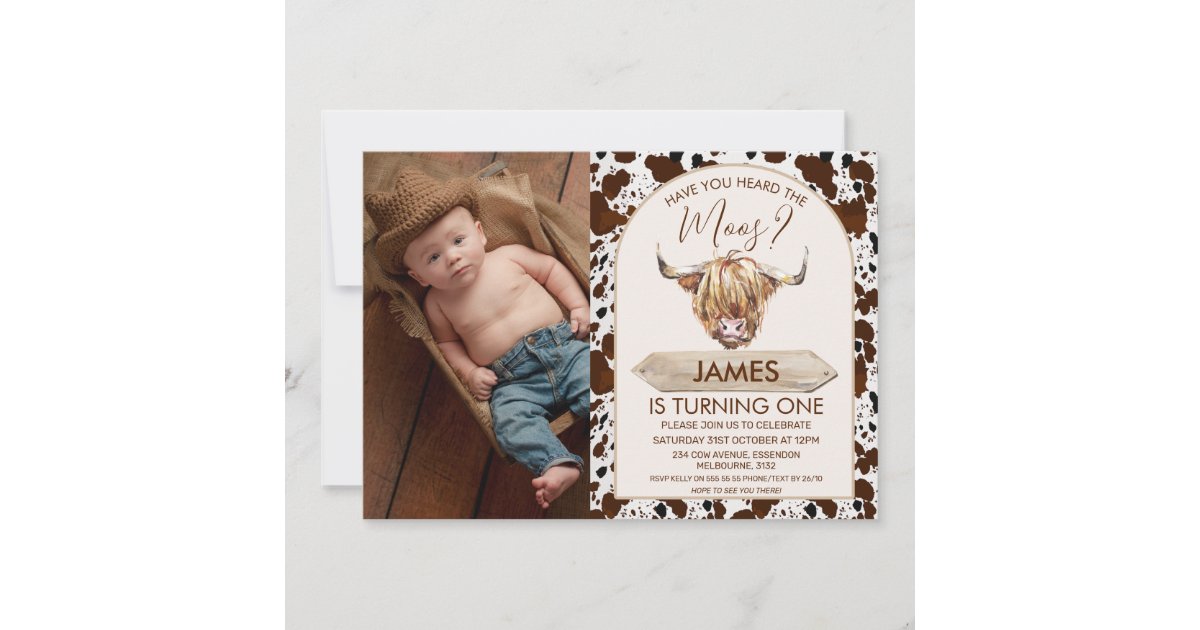 Photo Brown Highland Cow Cow Print 1st Birthday  Invitation