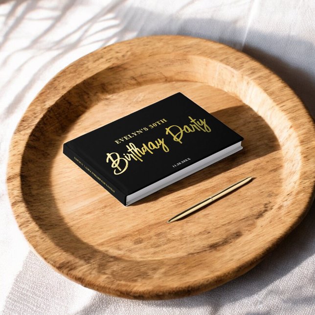 Photo Brush Script Elegant Black Birthday Foil Guest Book (Creator Uploaded)