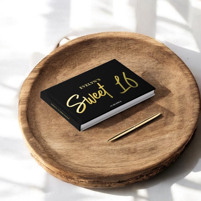 Photo Brush Script Elegant Black Sweet 16 Foil Guest Book (Creator Uploaded)