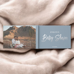 Photo Brush Script Elegant Blue Baby Shower Foil Guest Book