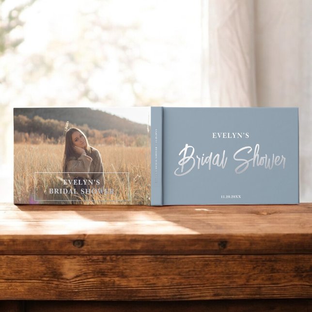 Photo Brush Script Elegant Blue Bridal Shower Foil Guest Book (Creator Uploaded)