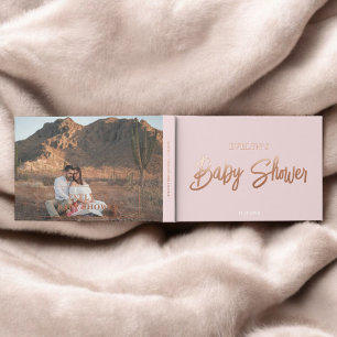 Photo Brush Script Elegant Pink Baby Shower Foil Guest Book