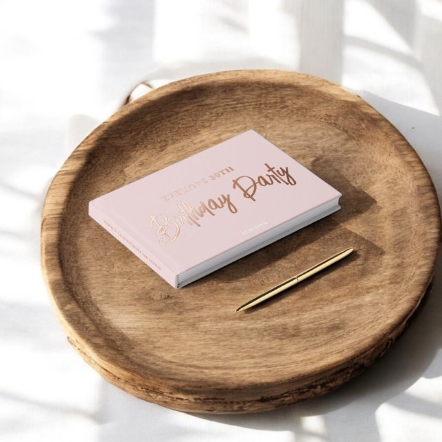 Photo Brush Script Elegant Pink Birthday Foil Guest Book (Creator Uploaded)