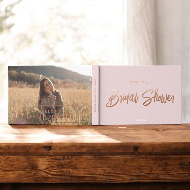 Photo Brush Script Elegant Pink Bridal Shower Foil Guest Book (Creator Uploaded)