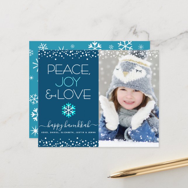 Photo Budget Hanukkah Peace Love Snowflake Card (Front/Back In Situ)