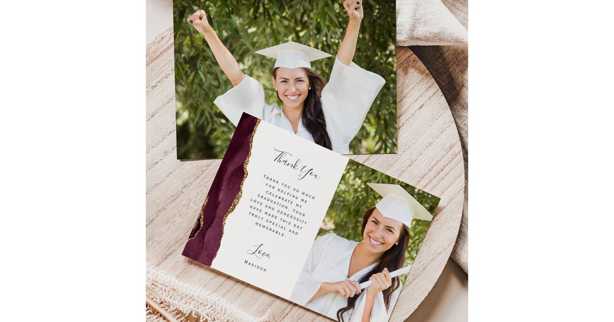 Photo Burgundy Agate Gold Script Graduation Thank You Card | Zazzle