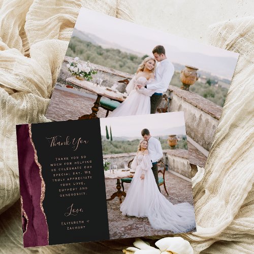 Photo Burgundy Agate Rose Gold Dark Wedding Thank You Card