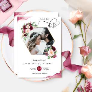 Photo, Burgundy and Blush Floral Wedding Save The Date
