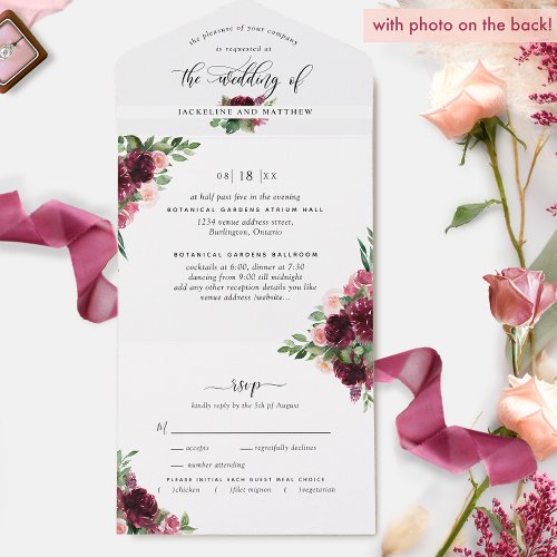 Photo Burgundy Blush Wedding w Perforated RSVP All In One Invitation