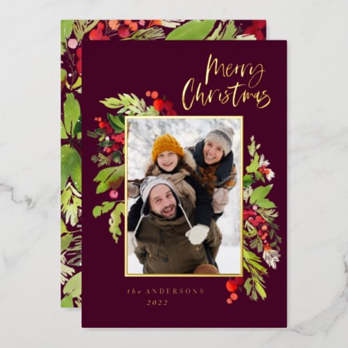 Photo burgundy elegant foliage merry Christmas Foil Holiday Card