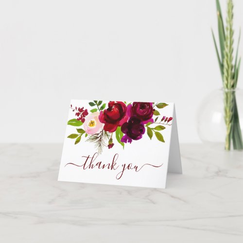 Photo Burgundy Floral Wedding Thank You Card