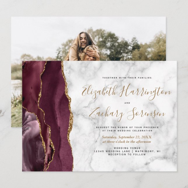 Photo Burgundy Gold Agate Marble Wedding Invitation (Front/Back)