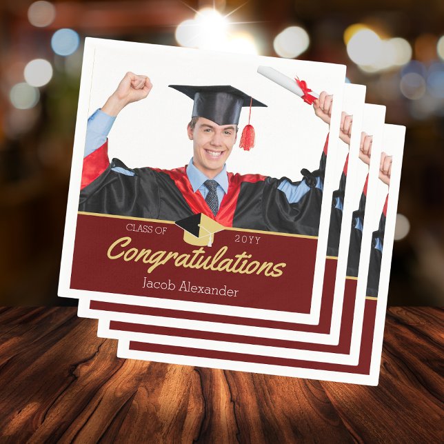  Photo Burgundy Gold graduation class of 20xx Napkins (Creator Uploaded)