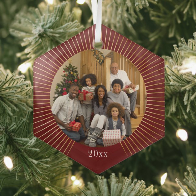 Photo Burgundy Gold Line Family Christmas Glass Ornament (Insitu)