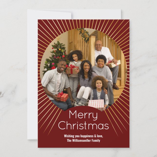 Photo Burgundy Gold Line Family Christmas Holiday Card (Front)
