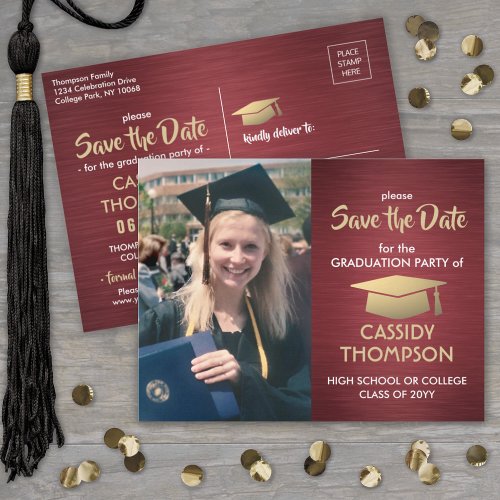 Photo Burgundy Red  Gold Graduation Save the Date Postcard