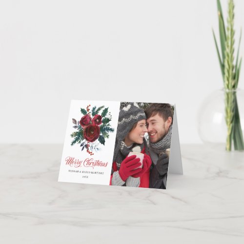 PHOTO Burgundy Red Rose Holly Folded Holiday Card
