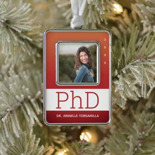 Photo Burnt Orange Name PhD Graduation Christmas Ornament