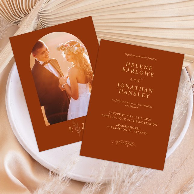 Photo Burnt Orange Terracotta Monogram Wedding Invitation (Creator Uploaded)