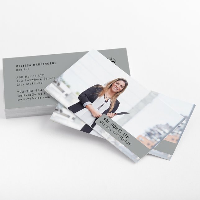 Photo Business Card | Easy Custom Branding | Gray (A modern gray photo business card with company logo & photo of a woman in a professional suit.)