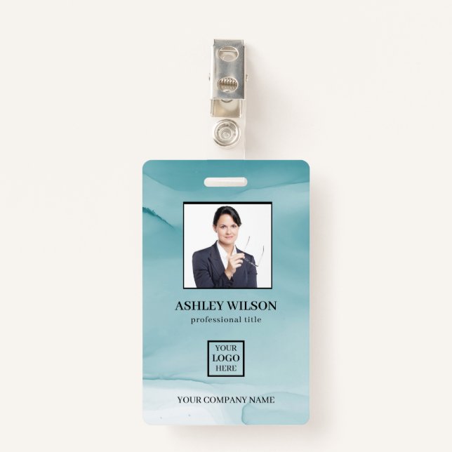 Photo Business ID On Blue Alcohol Ink Badge (Front with Clip)