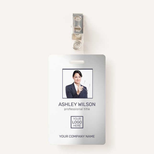 Photo Business ID On Gradient Gray Badge (Front with Clip)