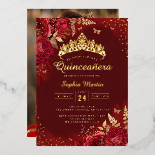 Photo Butterfly Red Gold Floral Quinceanera  Foil Invitation