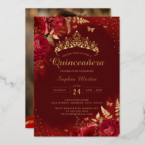 Photo Butterfly Red Gold Floral Quinceanera  Foil Invitation