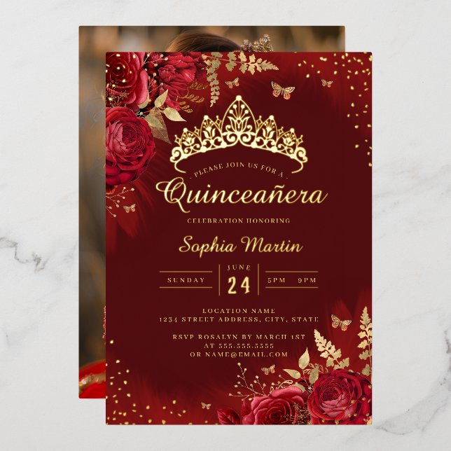 Photo Butterfly Red Gold Floral Quinceanera  Foil Invitation (Front/Back)