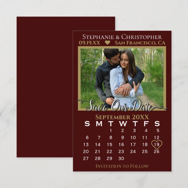 Photo Calendar Auburn & Gold Wedding Save Our Date Card (Front/Back)