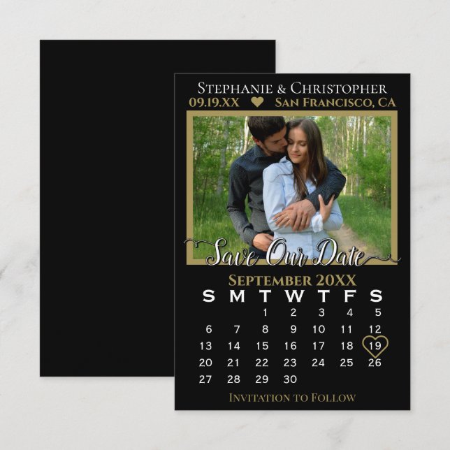 Photo Calendar Black & Gold Wedding Save Our Date Card (Front/Back)