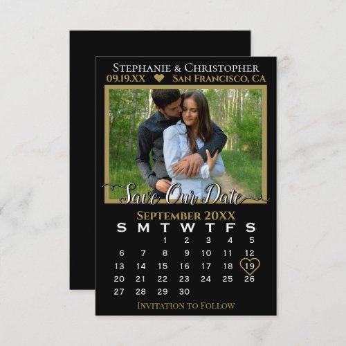 Photo Calendar Black  Gold Wedding Save Our Date Card