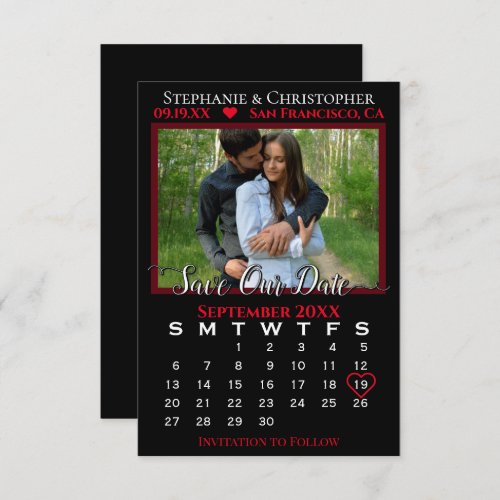 Photo Calendar Black  Red Wedding Save Our Date Card