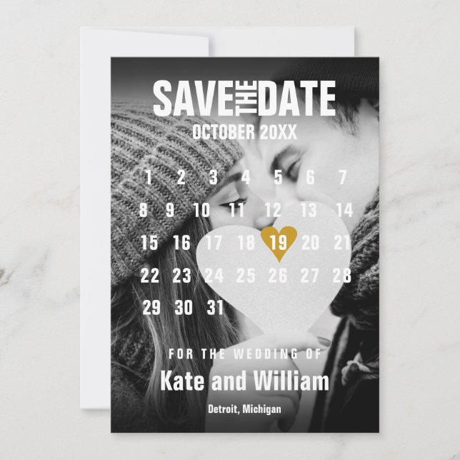 Photo Calendar Gold Heart Modern Wedding Save The Date (Front)
