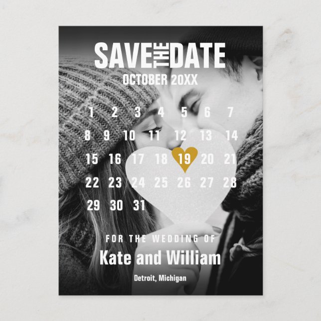 Photo Calendar Gold Heart Wedding Save the Date Announcement Postcard (Front)