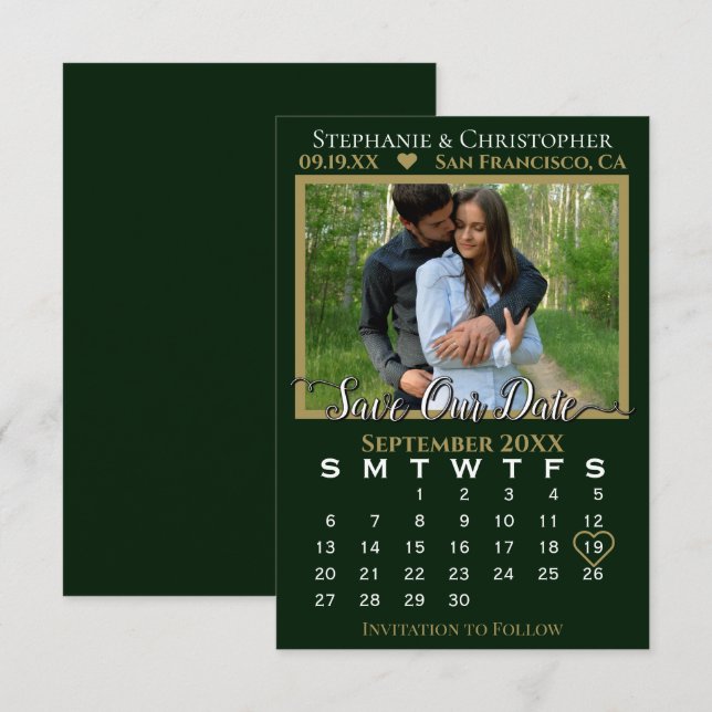 Photo Calendar Hunter Green Wedding Save Our Date Card (Front/Back)