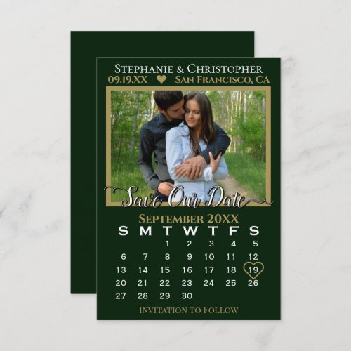 Photo Calendar Hunter Green Wedding Save Our Date Card