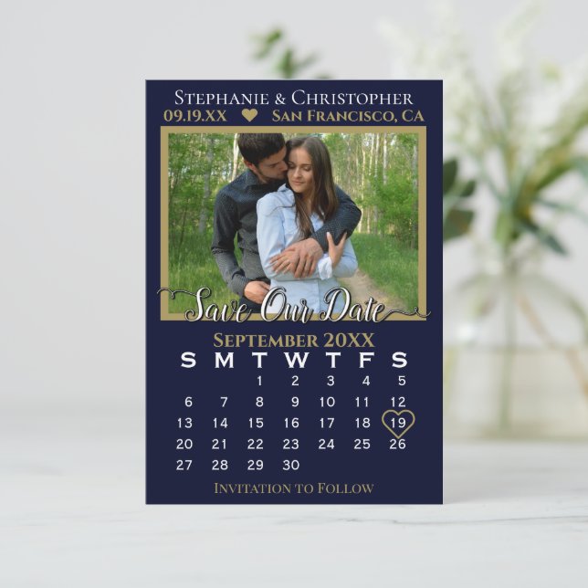 Photo Calendar Navy & Gold Wedding Save Our Date Card (Standing Front)
