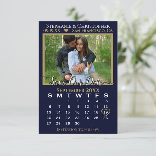 Photo Calendar Navy  Gold Wedding Save Our Date Card