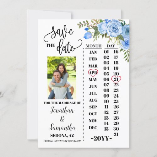 Photo calendar save the date Blue floral wedding Invitation