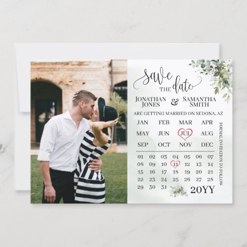 Photo calendar save the date Eucalyptus greenery Invitation