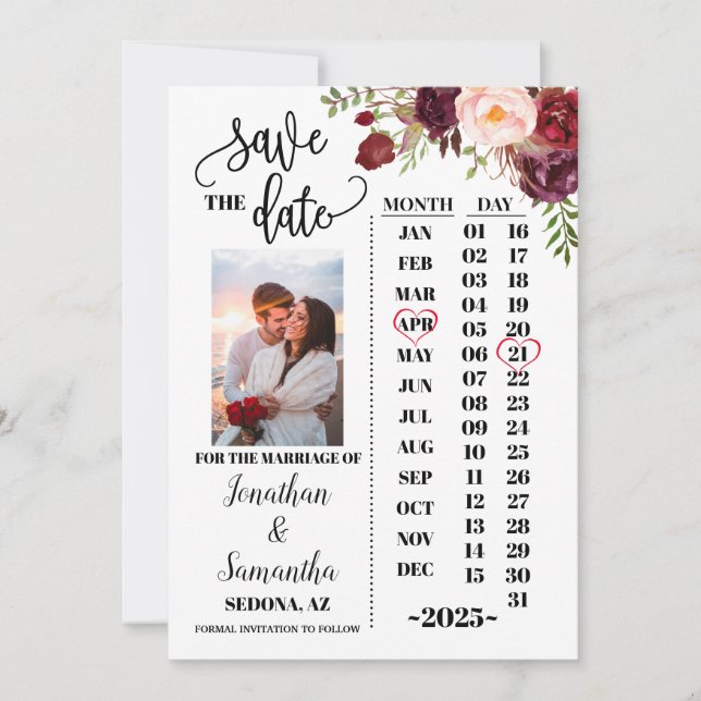 Photo calendar save the date marsala wedding invitation (Front)