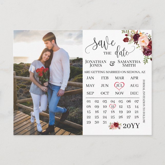 Photo calendar save the date marsala wedding postcard (Front)